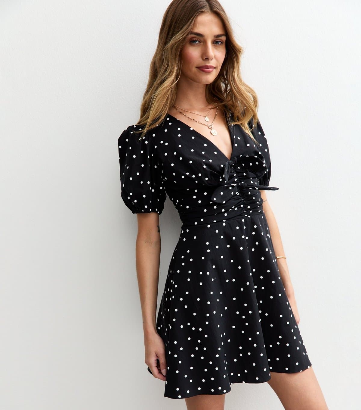 New Look Women's Black Spot Print Bow Front Mini Dress New Look
