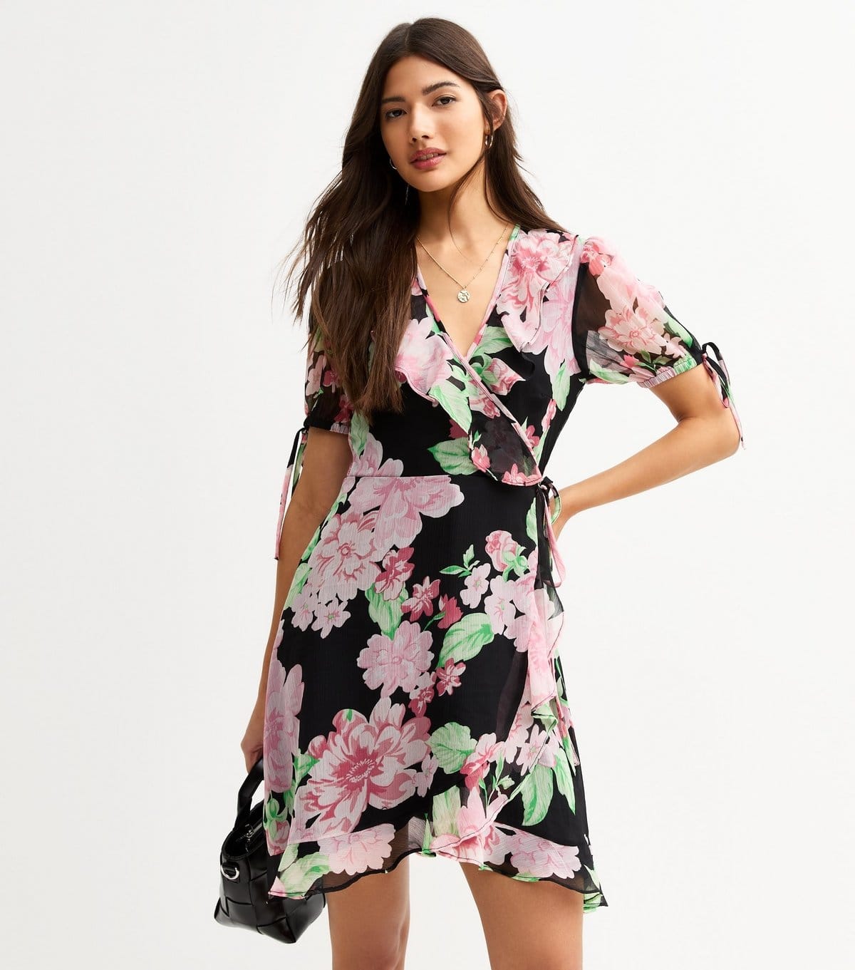 New Look Black Floral Print Chiffon Mini Wrap Dress