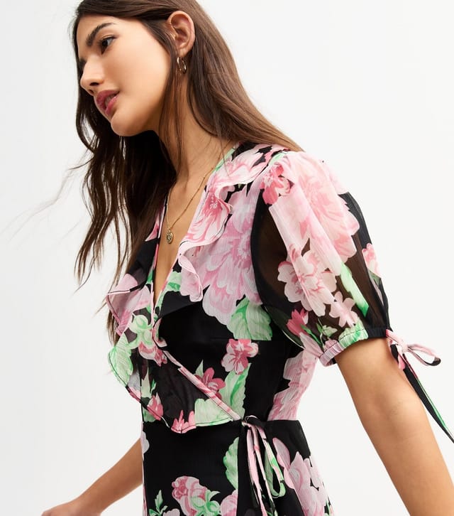 New Look Women's Black Chiffon Floral Print Mini Wrap Dress New Look - 2