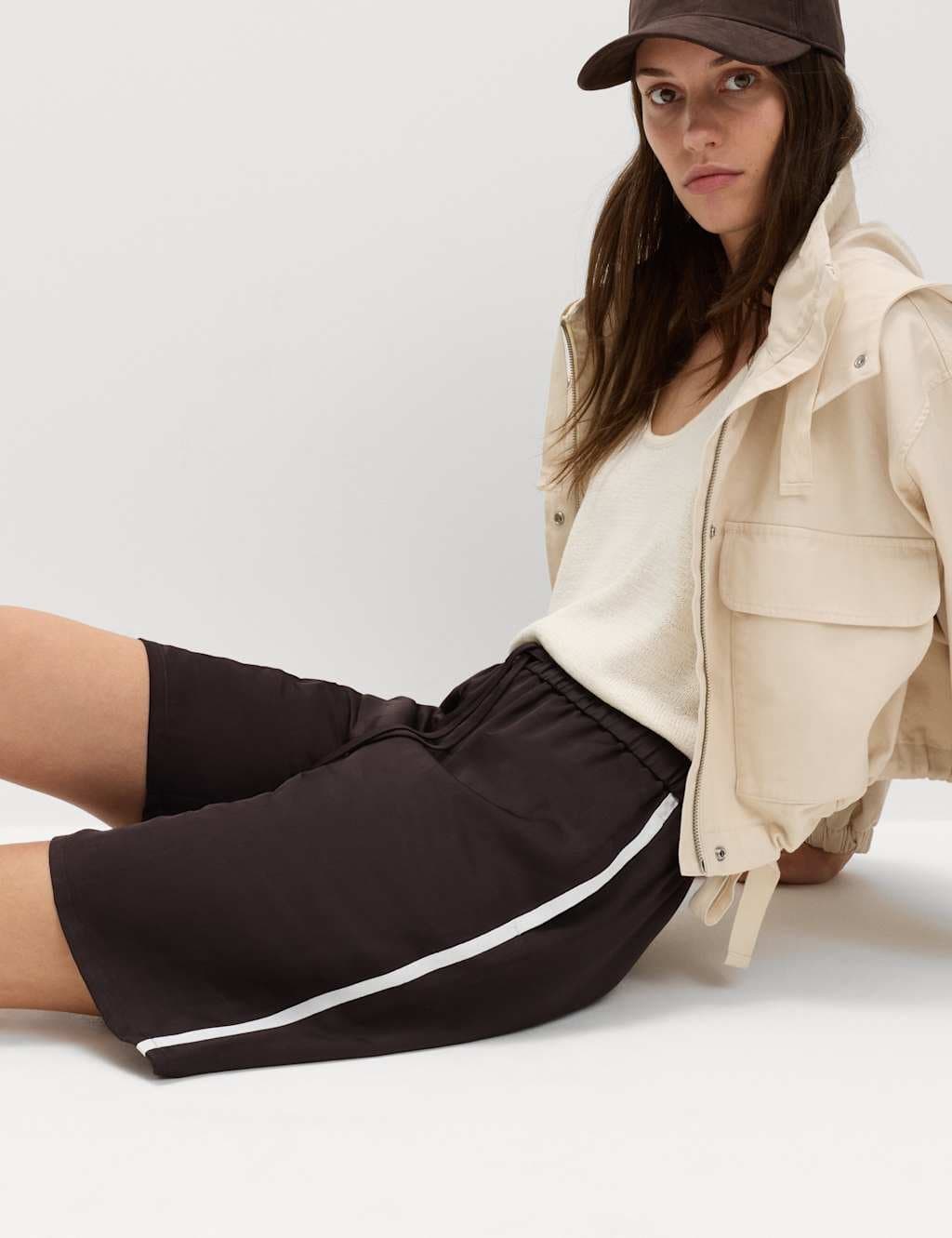 Marks & Spencer M&S Side Stripe Longline Shorts with Linen Chocolate