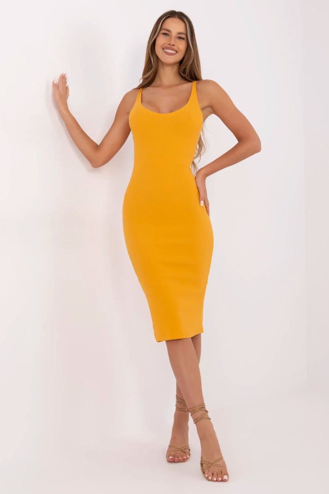 Love Lace Love Lace Women's Striped Midi V Neck Pencil Dress With Straps in Mustard