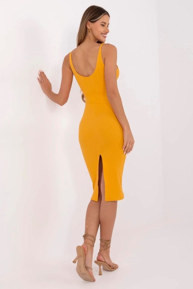Love Lace Love Lace Women's Striped Midi V Neck Pencil Dress With Straps in Mustard - 2