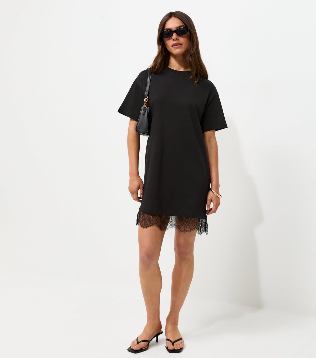 New Look Women's Petite Black Cotton Lace Trim T Shirt Mini Dress New Look