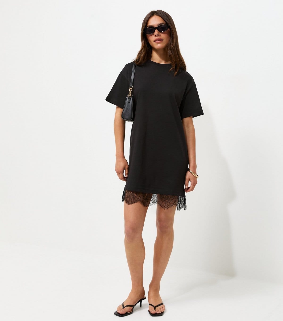 New Look Petite Black Cotton Lace Trim T-Shirt Mini Dress