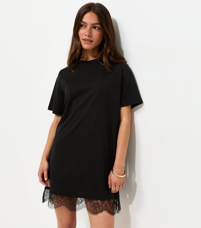 New Look Women's Petite Black Cotton Lace Trim T Shirt Mini Dress New Look - 3