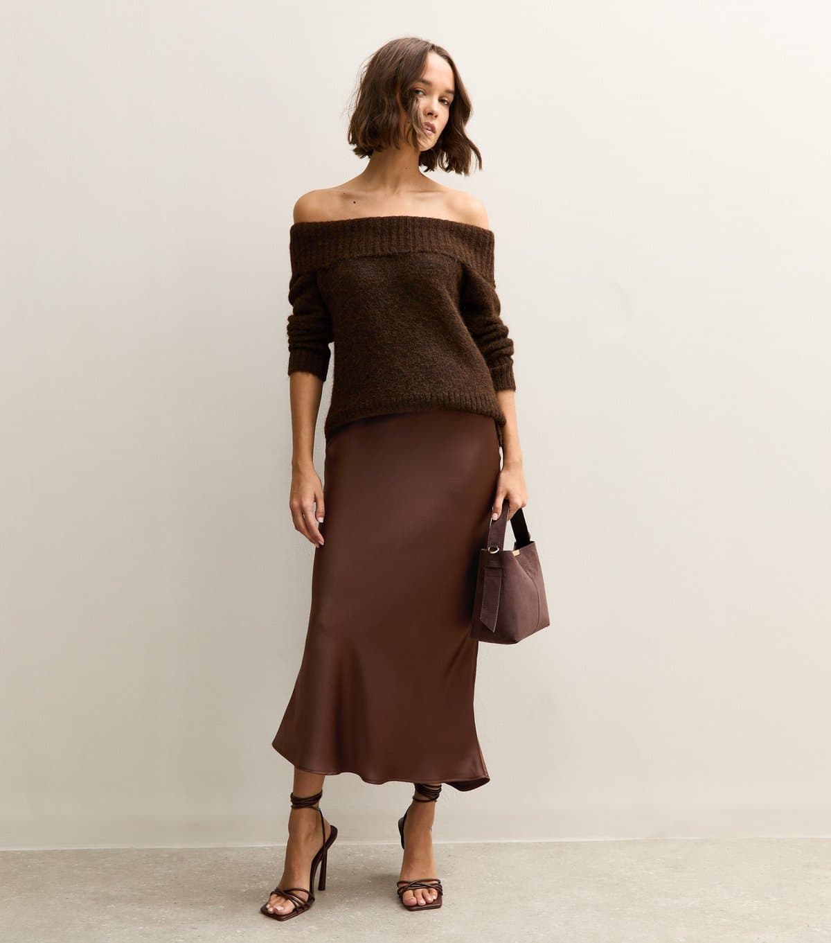 New Look Women's Dark Brown Satin Bias Cut Midi Skirt New Look