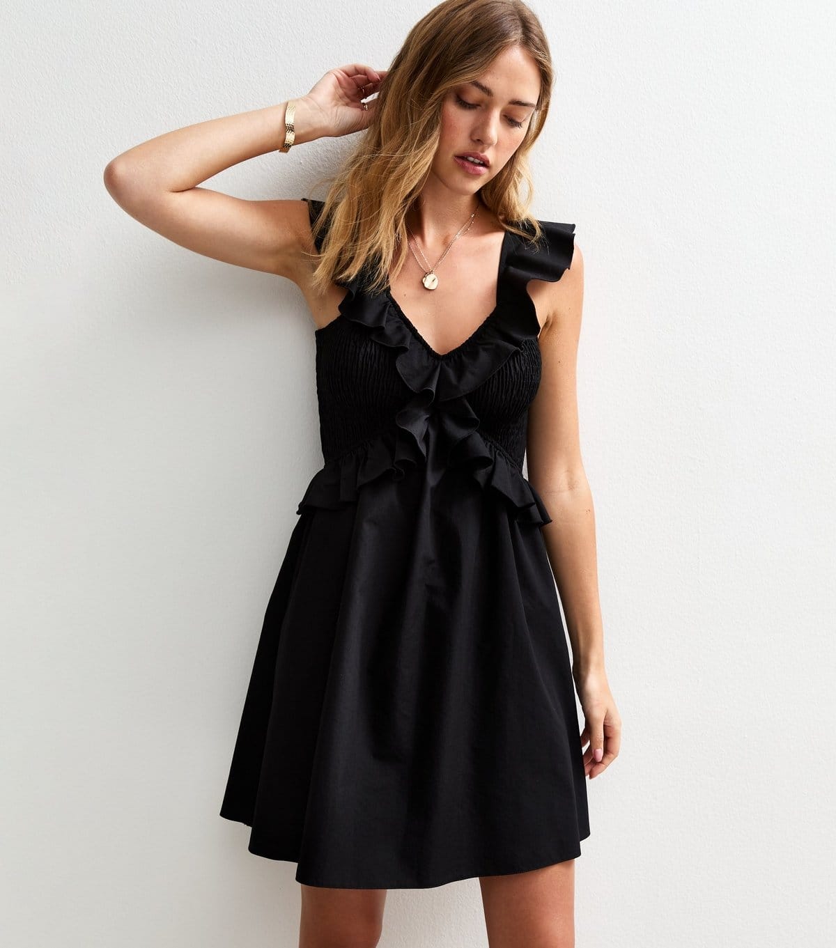 Women's Black Ruffle Trim Shirred Mini Dress New Look