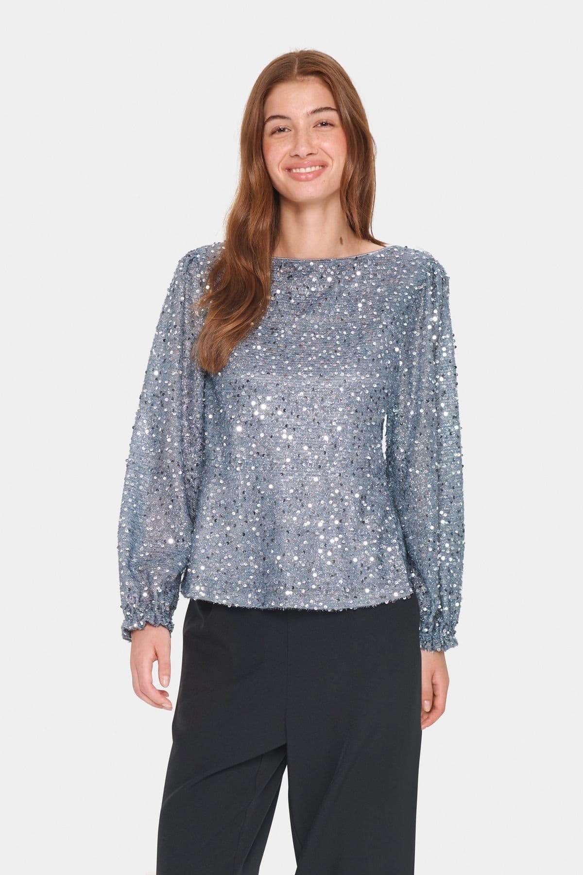 Saint Tropez Metallic Silver Sequins Long Sleeve Blouse