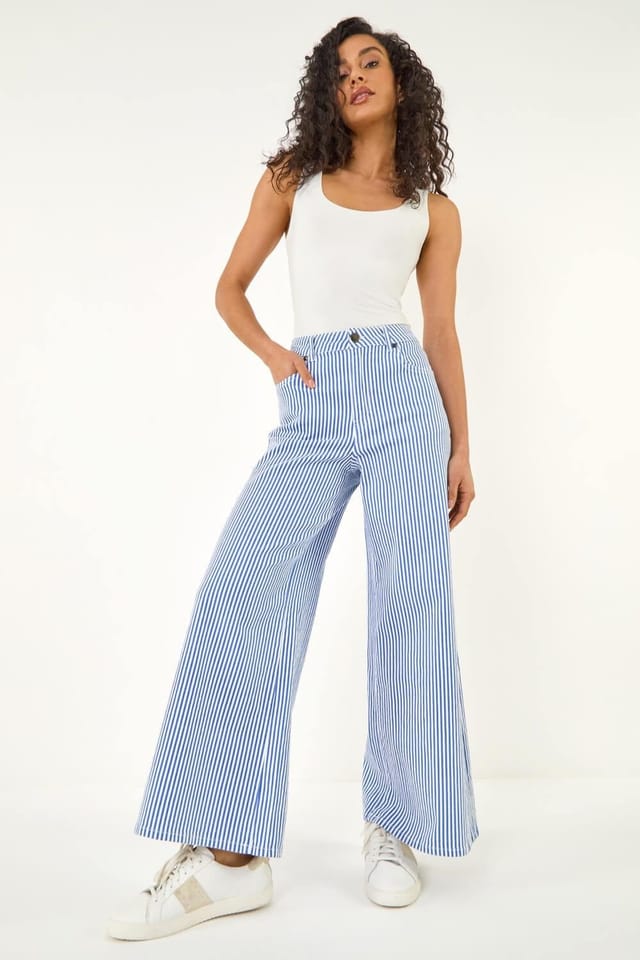 Dusk Dusk Women's Stripe Wide Leg Jeans in Blue - 2