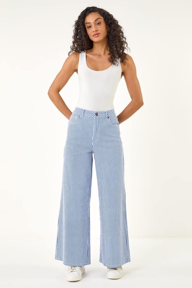 Dusk Dusk Women's Stripe Wide Leg Jeans in Blue - 3