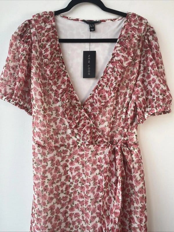 New Look Pink Floral Chiffon Wrap Dress - Size 16