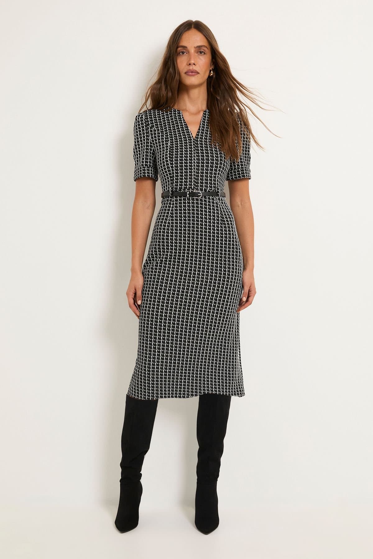 Wallis Wallis Women's Check Ponte Belted Midi Dress in Black