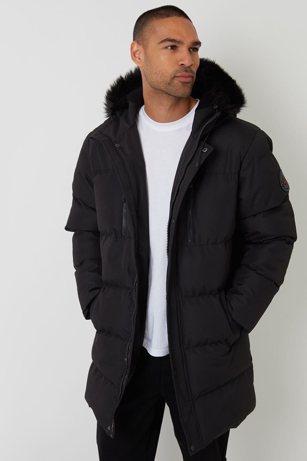 Threadbare Threadbare Men's Showerproof Longline Quilted Parka Jacket in Black