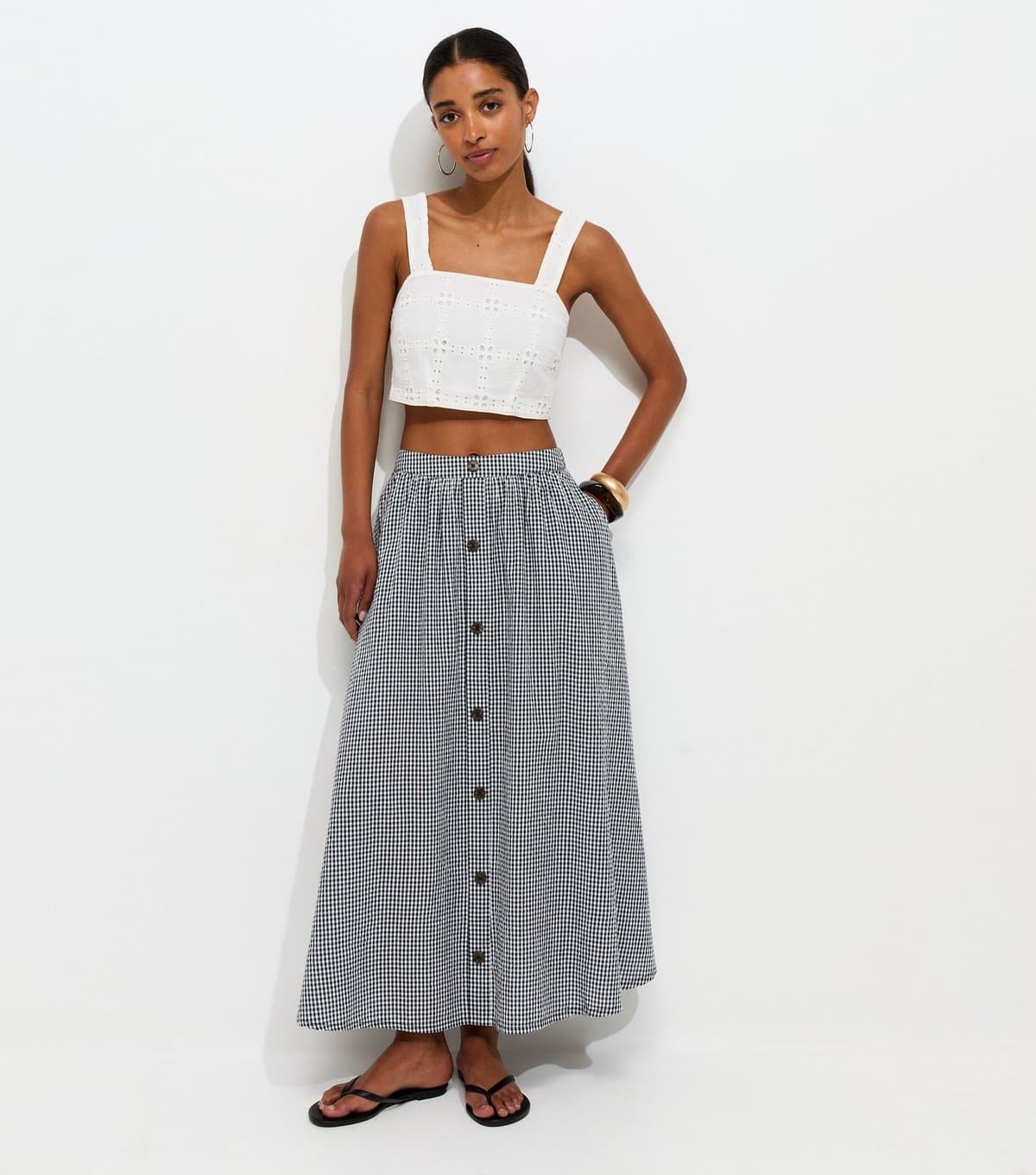 New Look Women's Black Gingham Button Through Midi Skirt New Look
