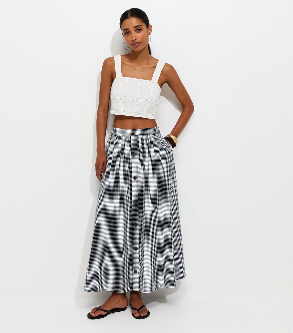 New Look Black Gingham Button Through Midi Skirt