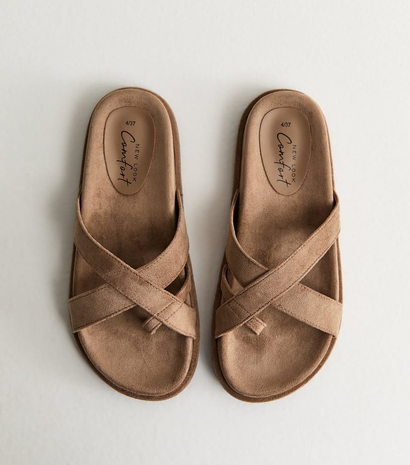 New Look Women's Light Brown Faux Suede Toe Loop Flat Sandals Vegan New Look - 1