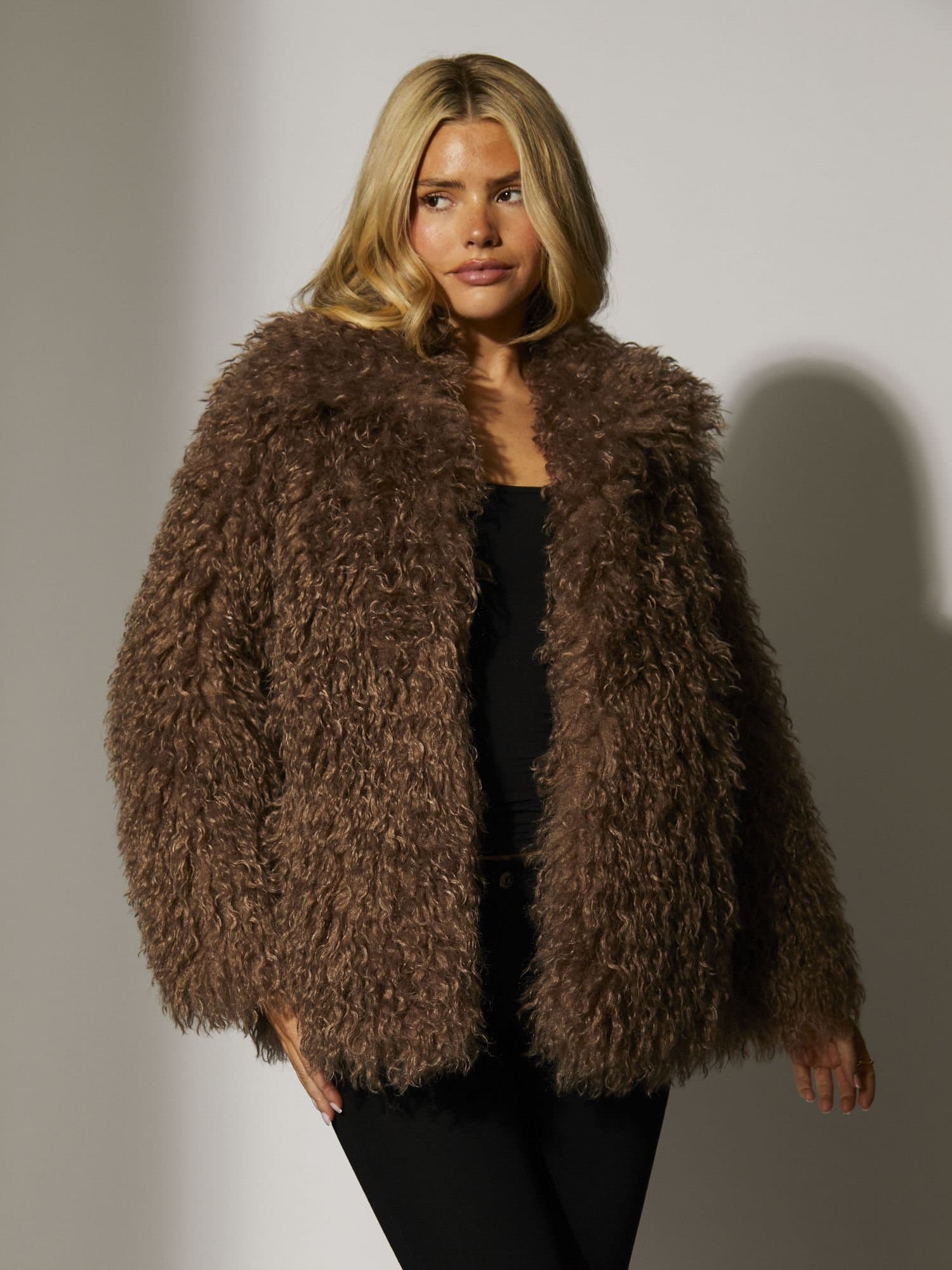 South Beach South Beach Women's Mongolian Faux Fur Jacket in Brown