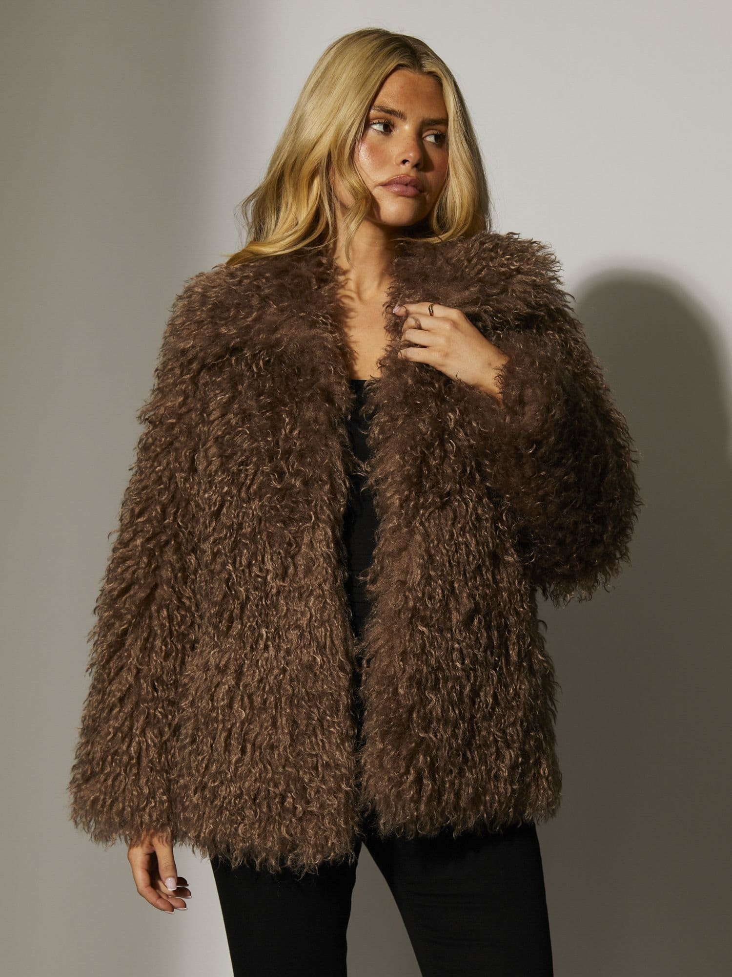 South Beach South Beach Women's Mongolian Faux Fur Jacket in Brown - 4