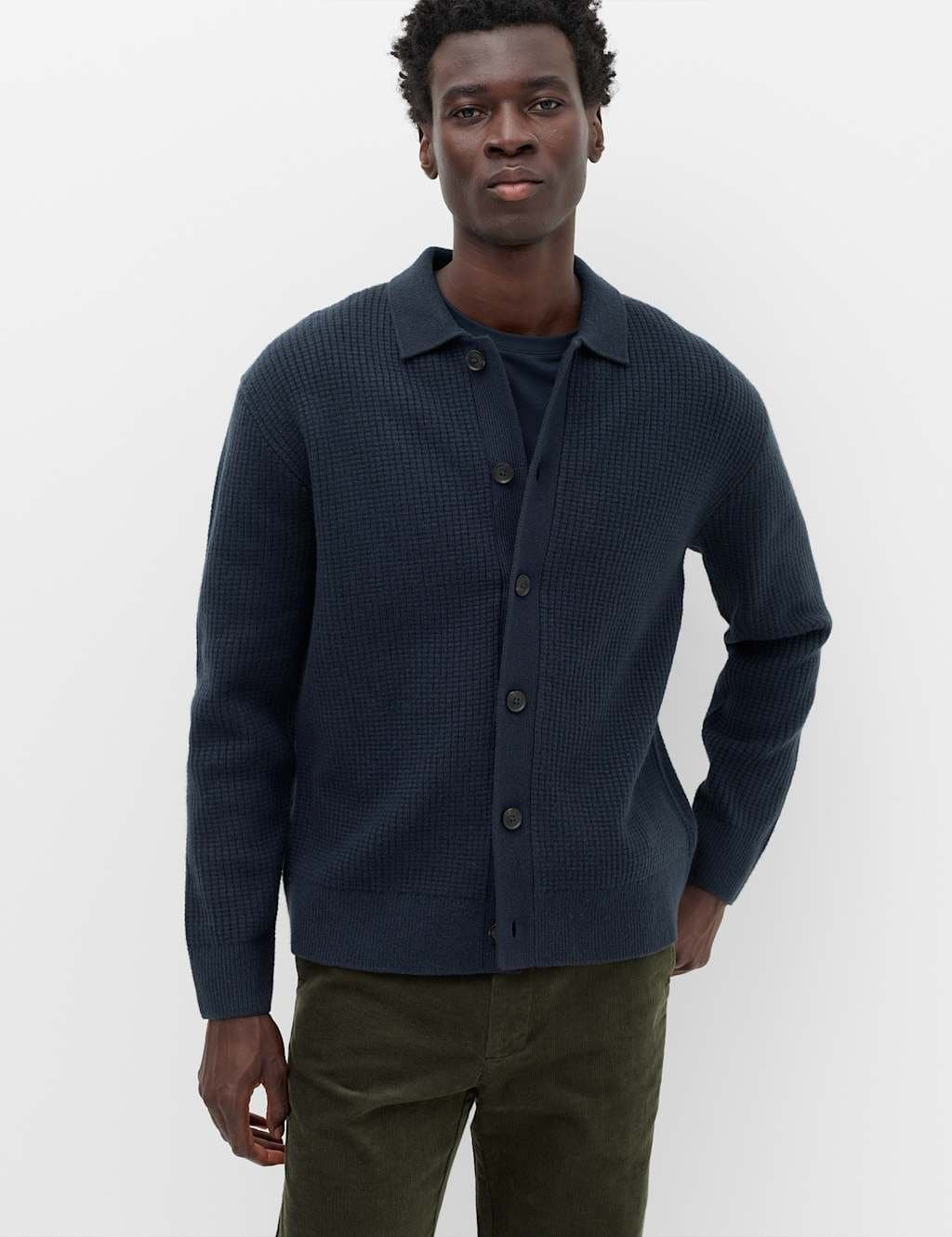 Marks & Spencer M&S Air Yarn Cable Knit Button Through Cardigan Navy