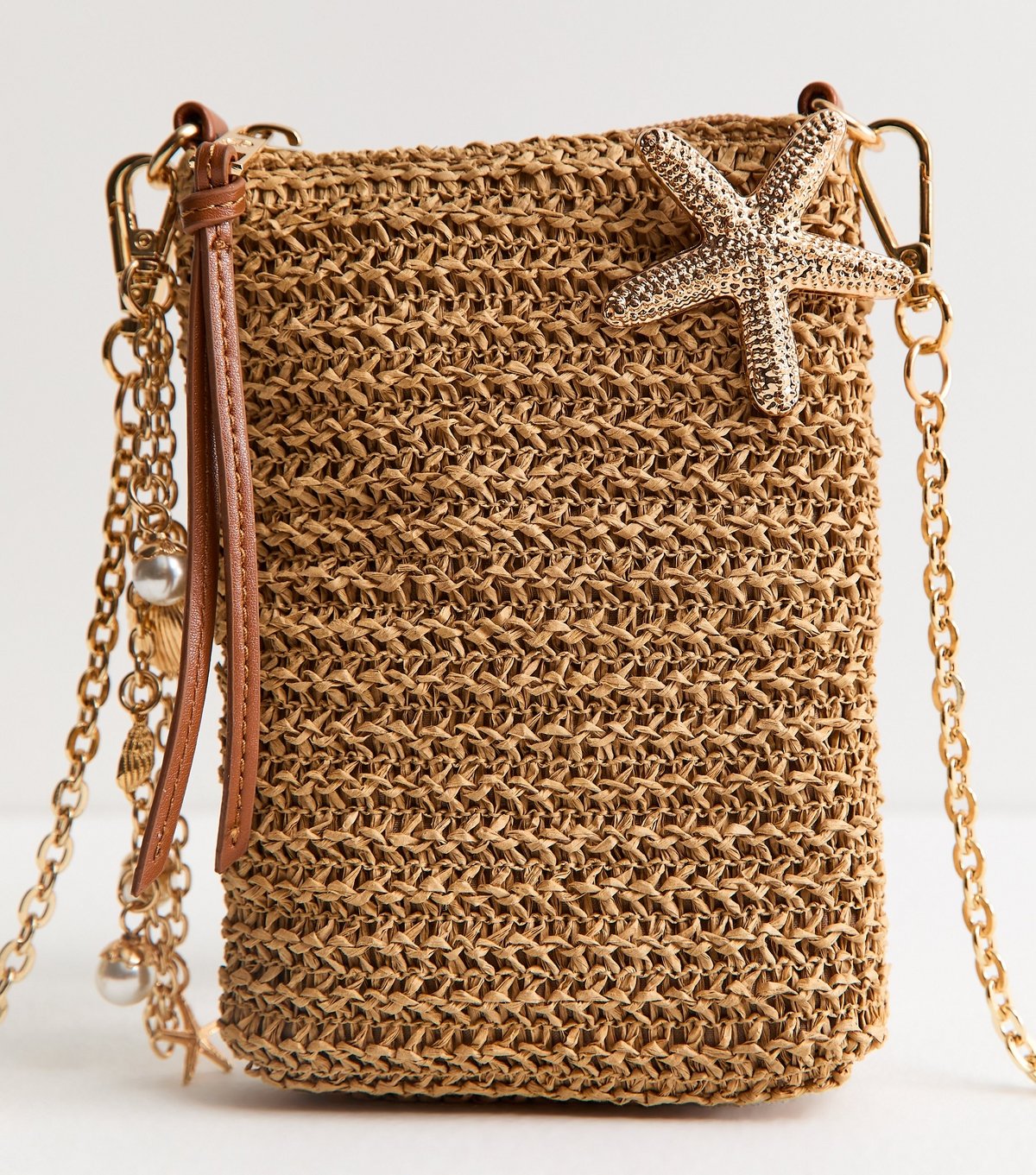New Look Stone Raffia Look Starfish Charm Phone Bag Vegan New Look - 3