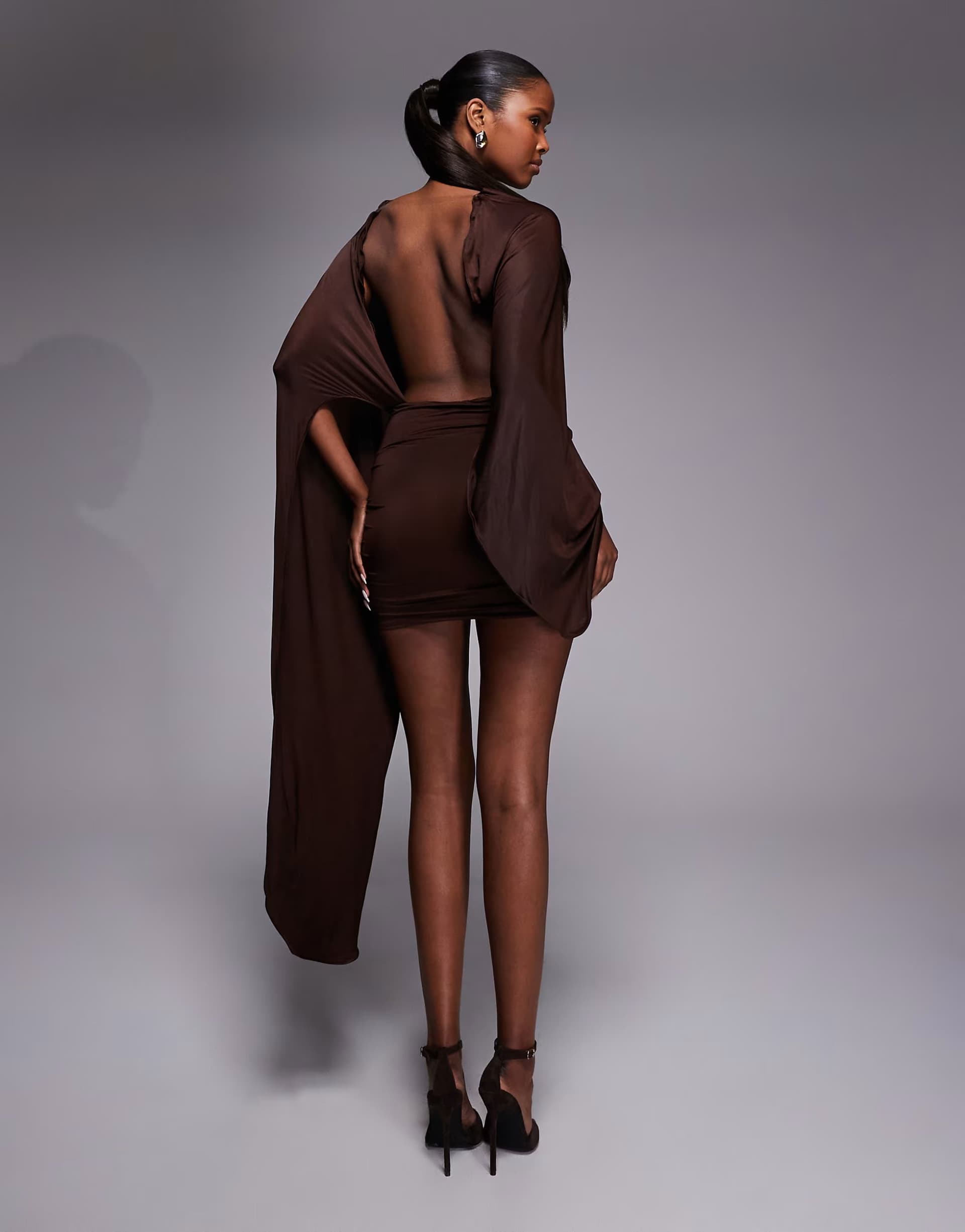 ASOS Oh Polly cape top drape mini dress in chocolate brown