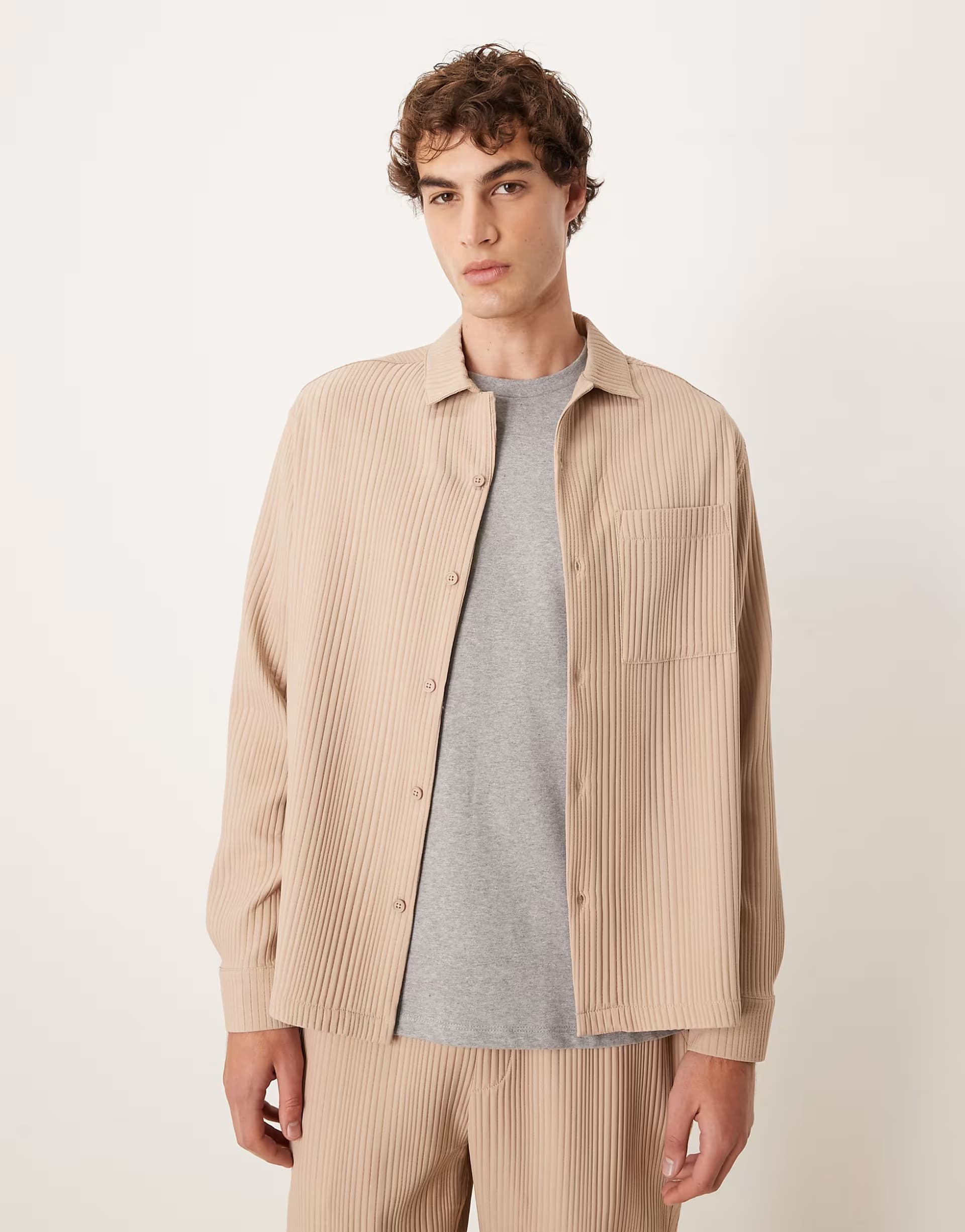 ASOS ASOS DESIGN co-ord relaxed revere plisse shirt in beige