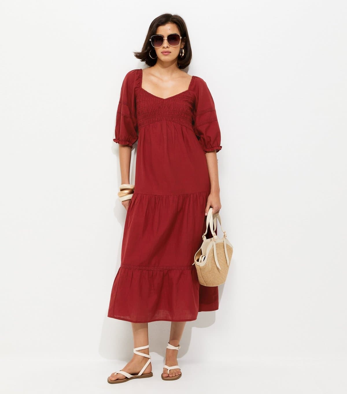 New Look Women's Red Shirred Milkmaid Midi Dress New Look