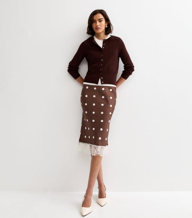 New Look Women's Brown Satin Polka Dot Lace Hem Midi Skirt New Look - 2