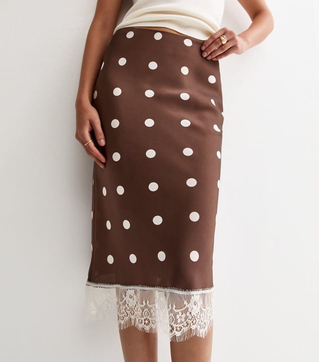 New Look Women's Brown Satin Polka Dot Lace Hem Midi Skirt New Look - 3