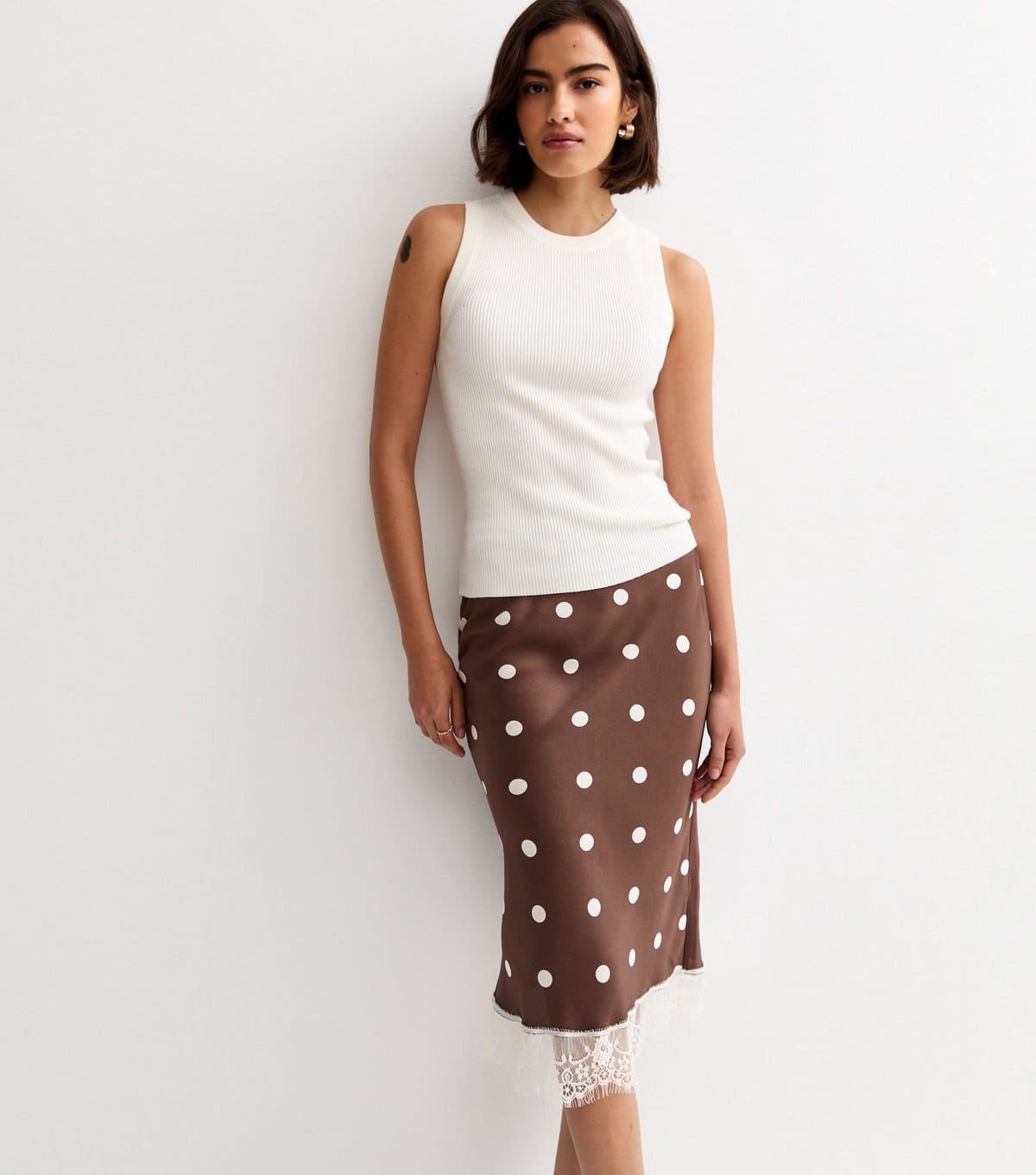 New Look Women's Brown Satin Polka Dot Lace Hem Midi Skirt New Look - 4