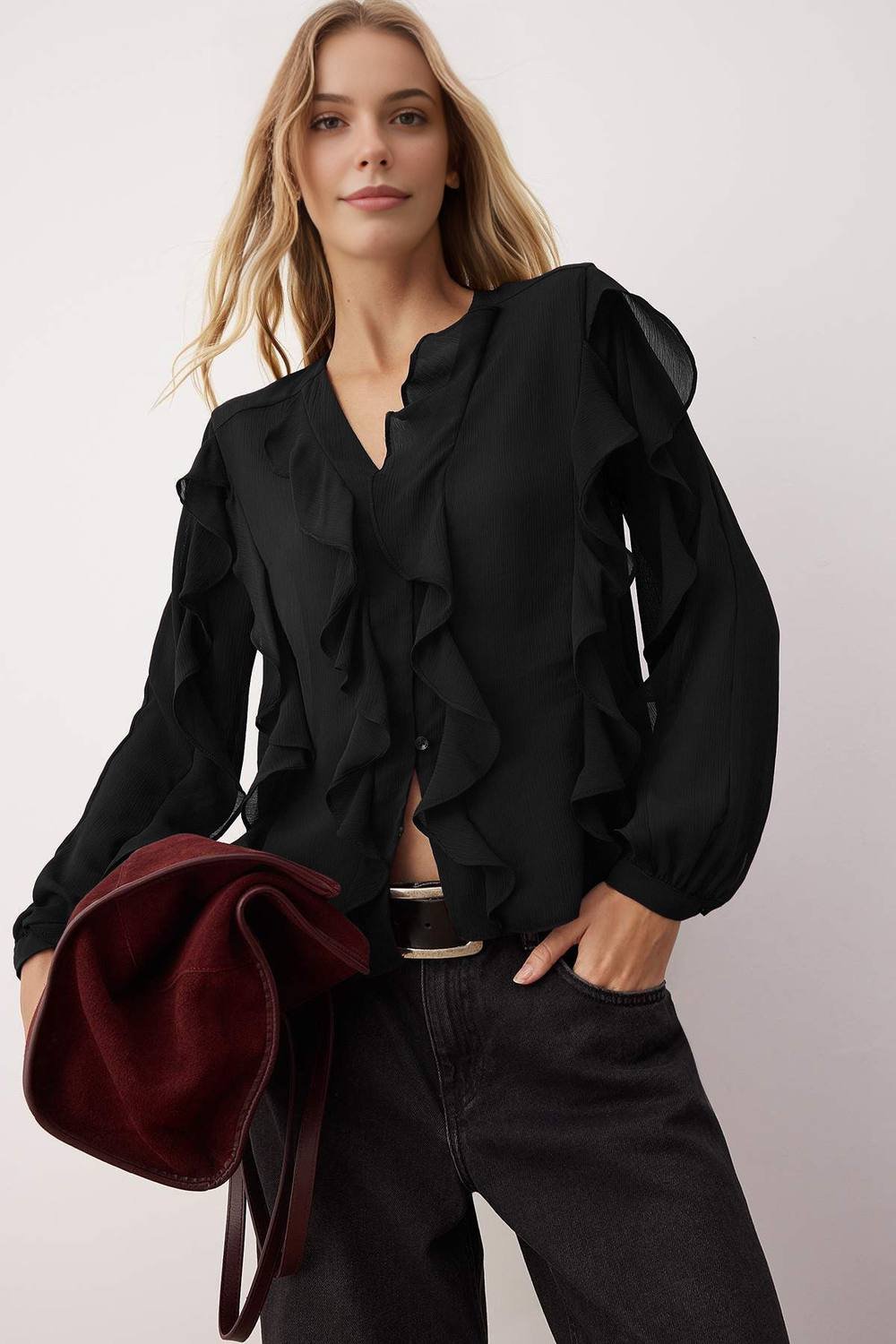 WOVCOR WOVCOR Women's Ruffled Boho Style Button-Up Shirt in Black - 2