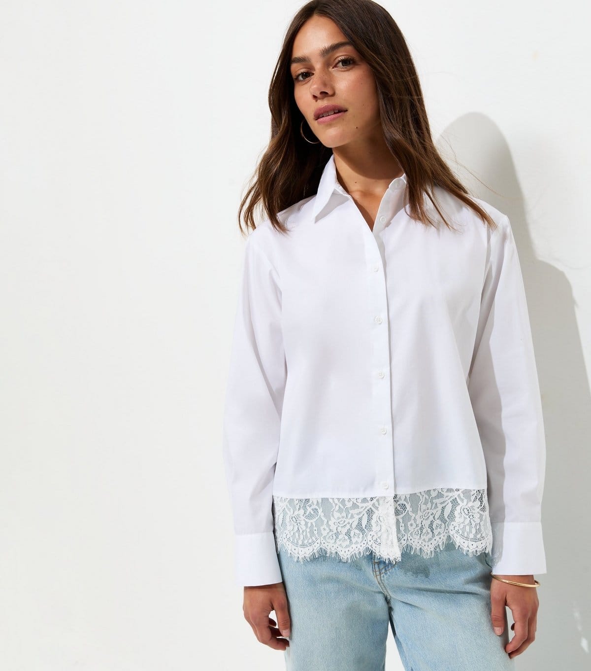 New Look Petite White Cotton Rich Poplin Lace Trim Shirt