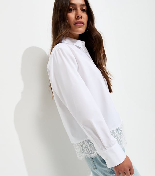 New Look Women's Petite White Cotton Rich Poplin Lace Trim Shirt New Look - 2