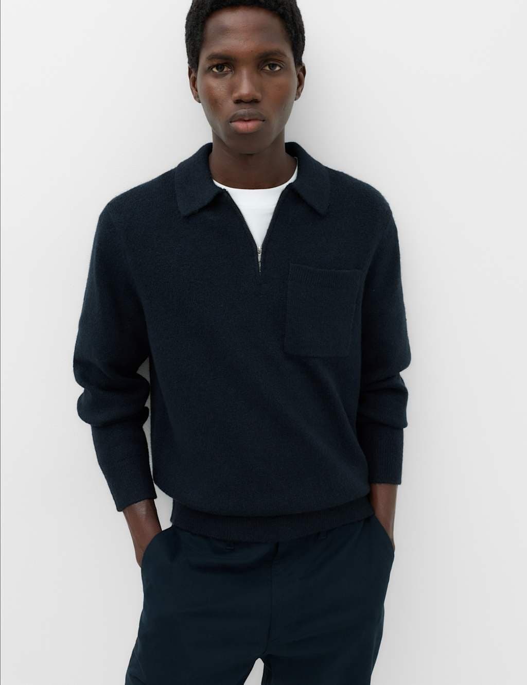 Marks & Spencer M&S Supersoft Quarter Zip Knitted Polo Shirt Navy