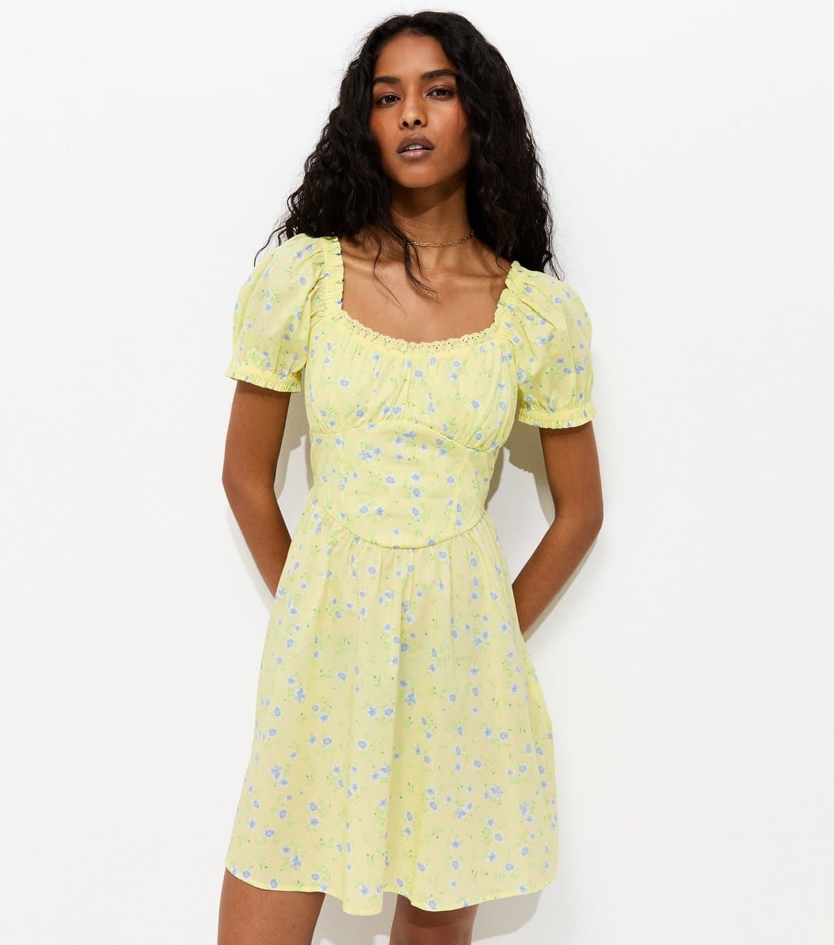 New Look Women's Light Yellow Floral Print Milkmaid Mini Dress New Look