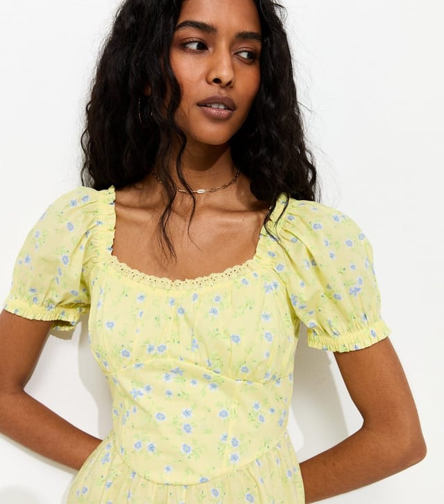 New Look Women's Light Yellow Floral Print Milkmaid Mini Dress New Look - 2