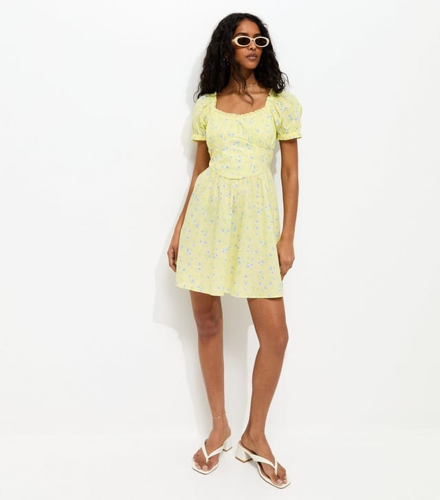 New Look Women's Light Yellow Floral Print Milkmaid Mini Dress New Look - 3