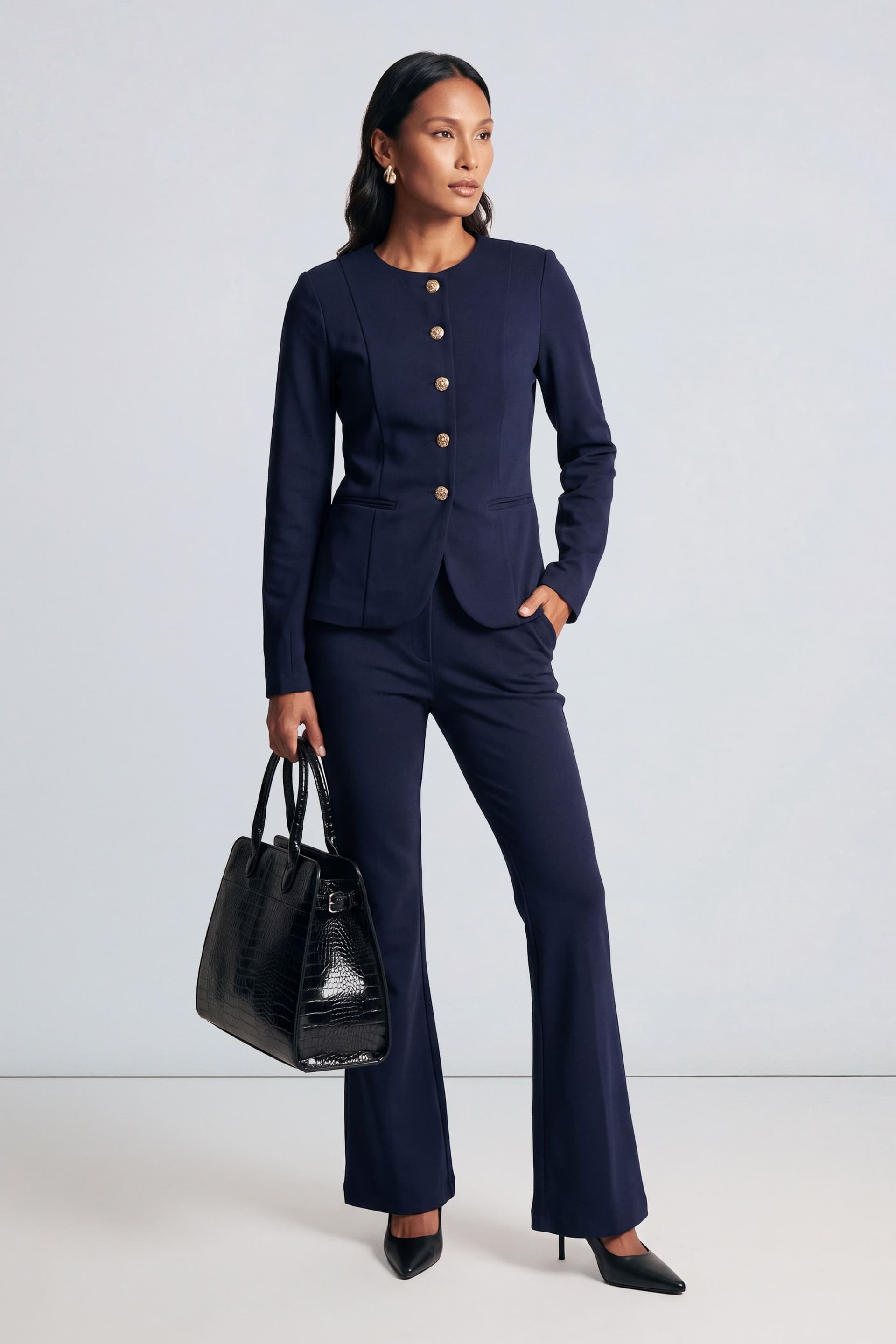 Principles Principles Women's Compact Jersey Collarless Button Down Blazer in Navy