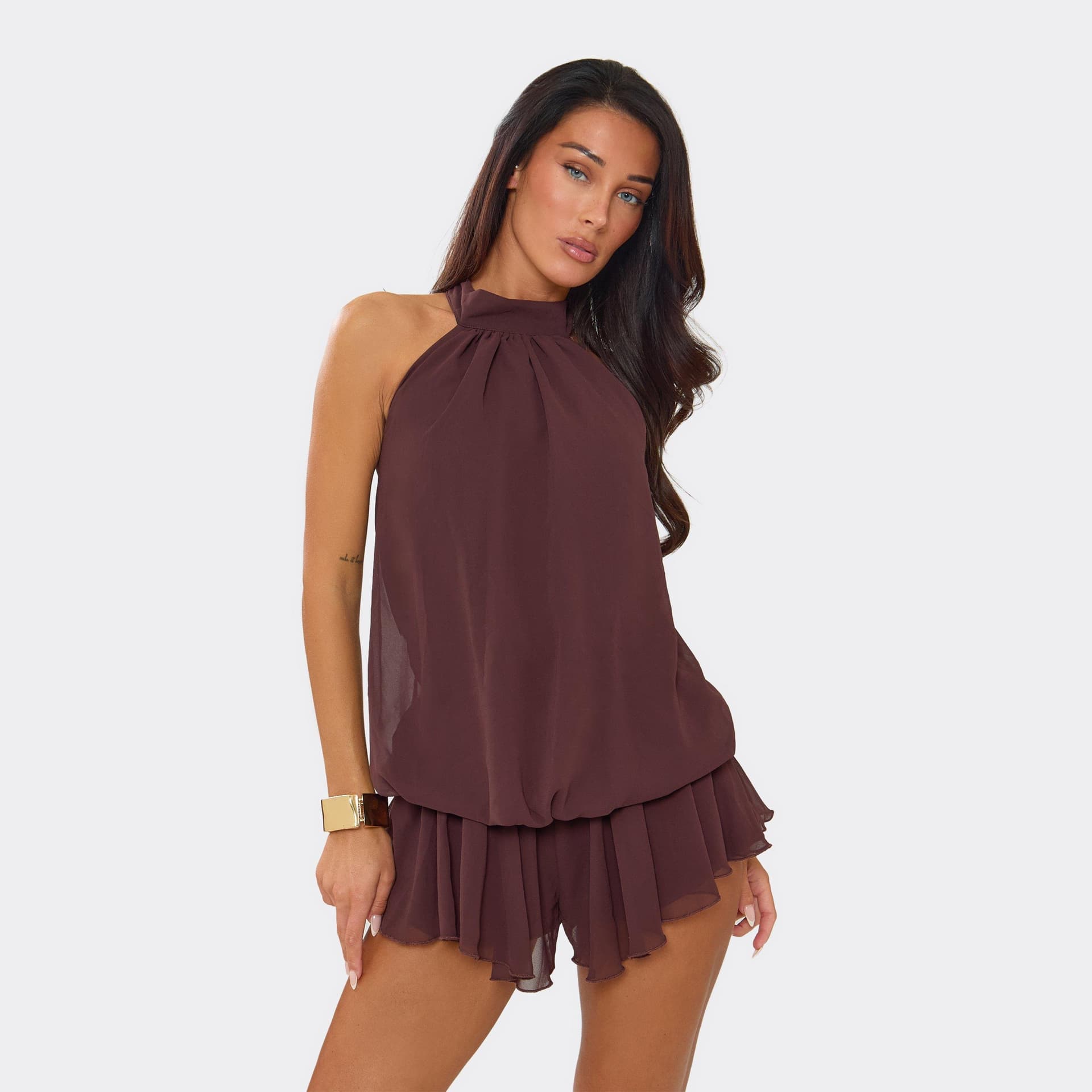 EGO High Neck Blouson Floaty Playsuit In Brown, Women's Size UK 10