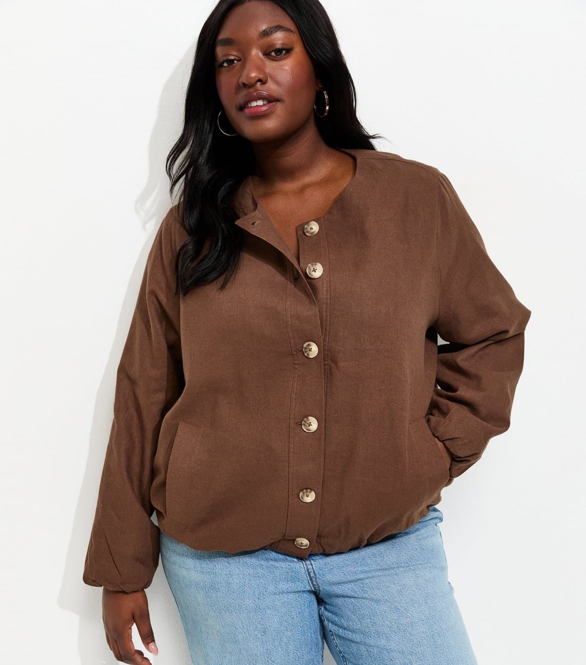 New Look Women's Plus Size Dark Brown Linen Button Through Bomber Jacket Curves New Look
