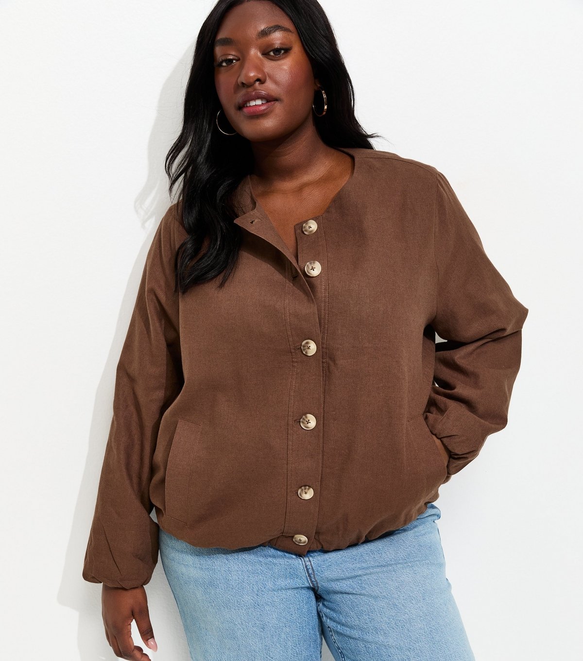 New Look Women's Plus Size Dark Brown Linen Button Through Bomber Jacket Curves New Look - 2