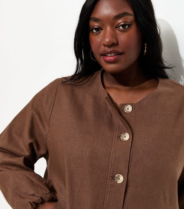 New Look Women's Plus Size Dark Brown Linen Button Through Bomber Jacket Curves New Look - 2