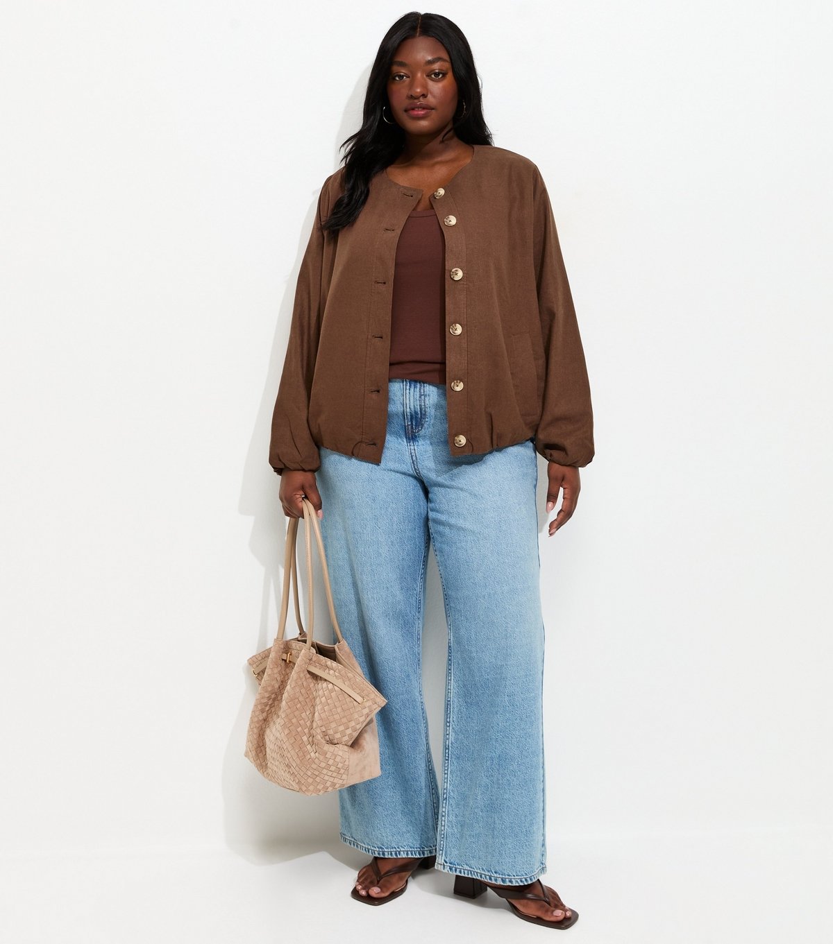 New Look Women's Plus Size Dark Brown Linen Button Through Bomber Jacket Curves New Look - 3