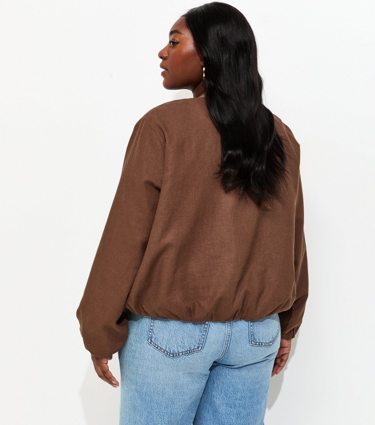 New Look Women's Plus Size Dark Brown Linen Button Through Bomber Jacket Curves New Look - 4