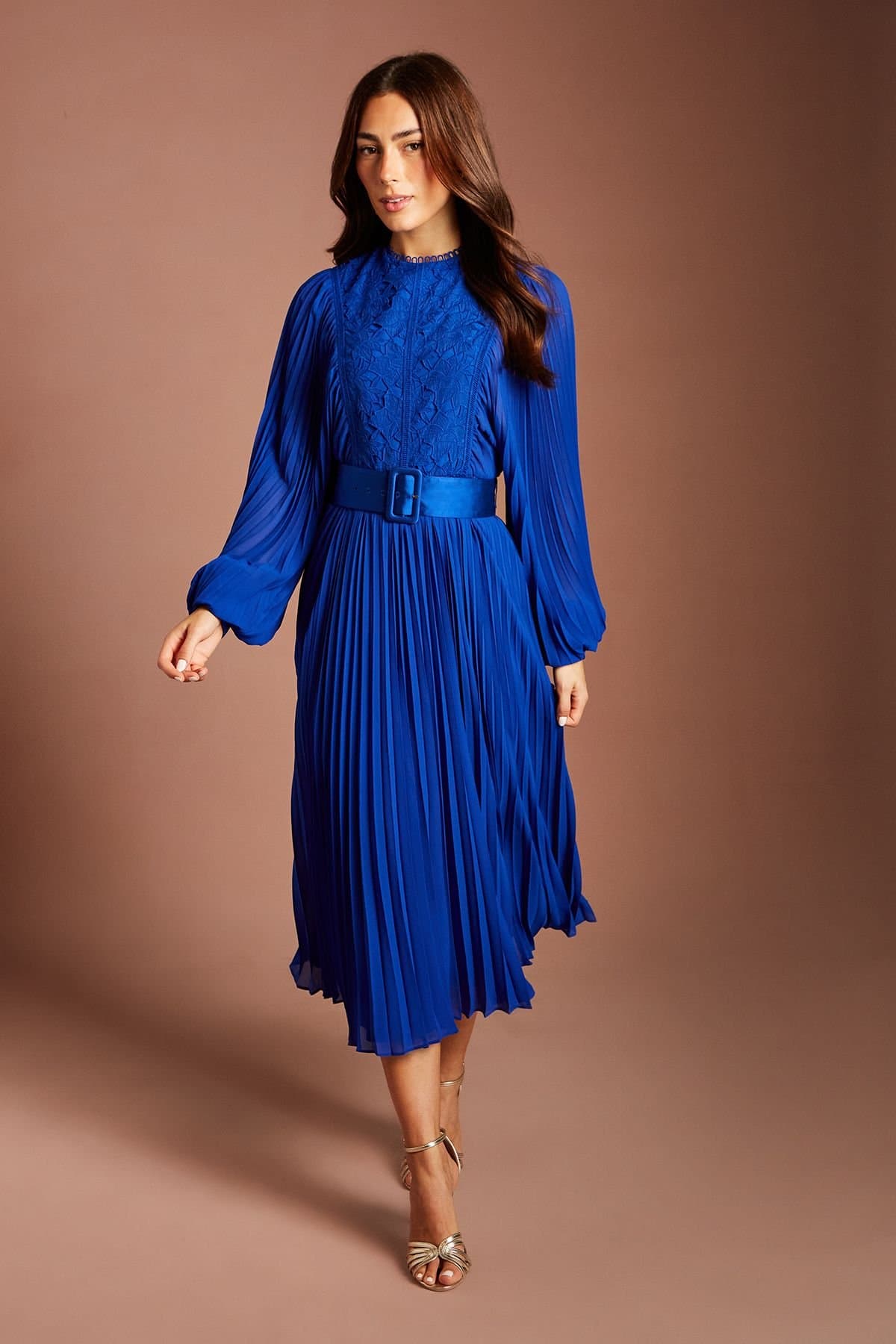 Coast Coast Women's Pleated Long Sleeve Embroidered Bodice High Neck Midi Dress in Cobalt