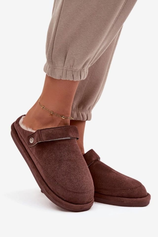 Love Lace Love Lace Women's Soft Faux Suede Fur Lined Rubber Sole Indoor Velcro Slippers in Brown - 2