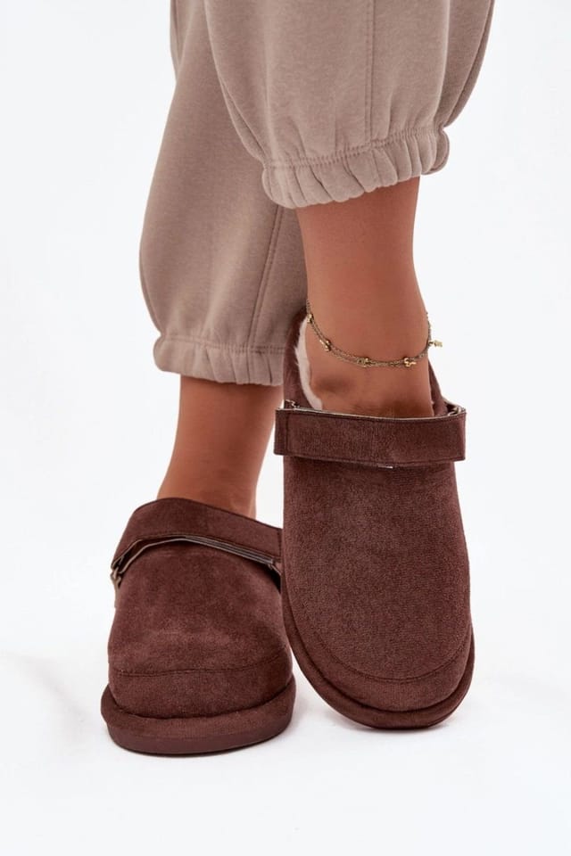 Love Lace Love Lace Women's Soft Faux Suede Fur Lined Rubber Sole Indoor Velcro Slippers in Brown - 3