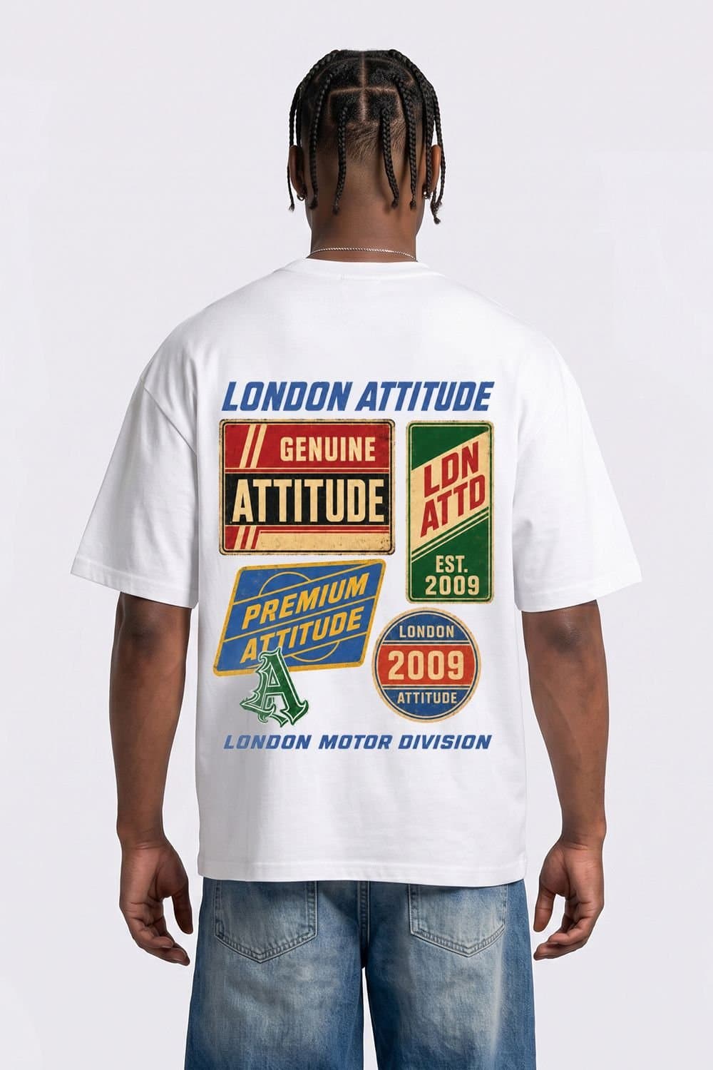 LONDON ATTITUDE LONDON ATTITUDE Men's Oversized Vintage Motorsport Back Print T-Shirt in White
