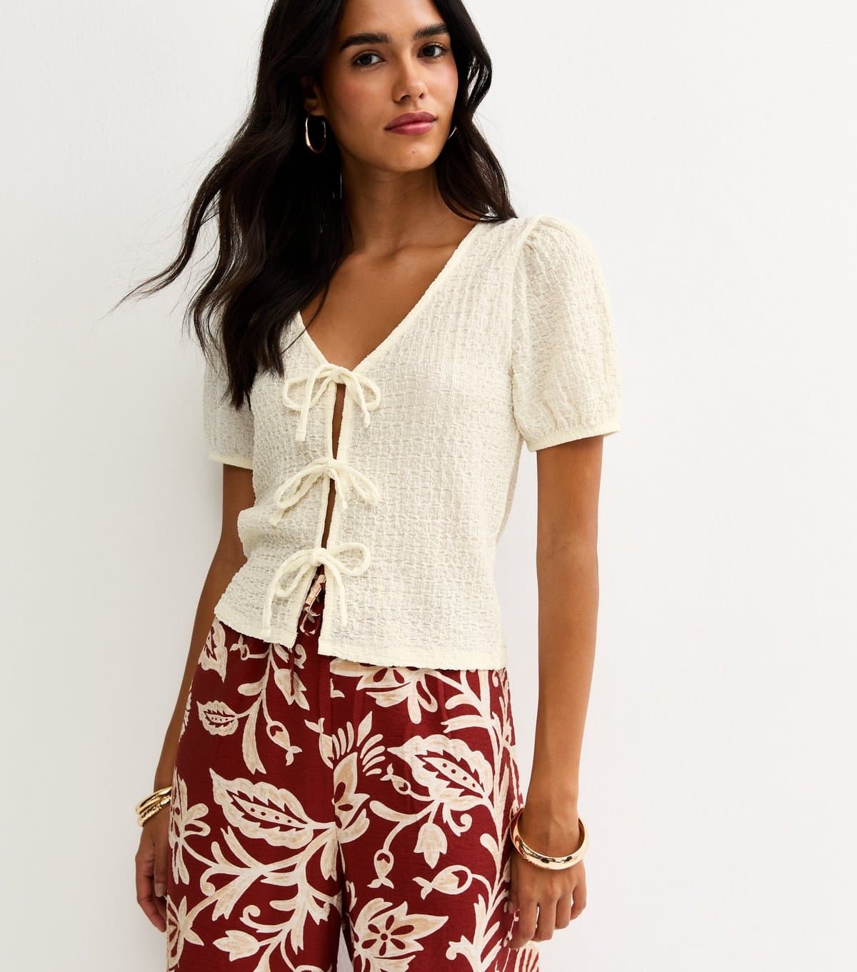 New Look Women's White Textured Tie Front Puff Sleeve Top New Look