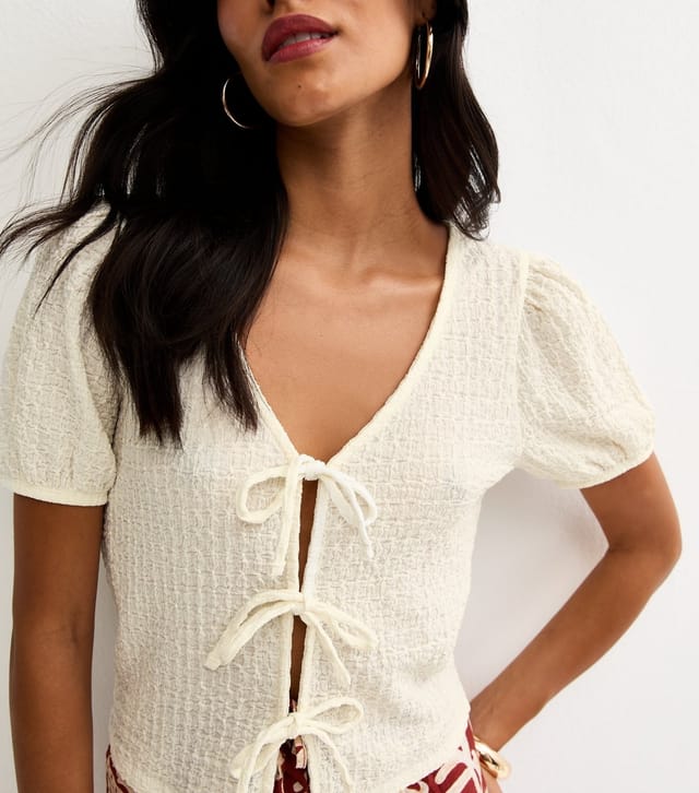 New Look Women's White Textured Tie Front Puff Sleeve Top New Look - 2